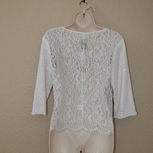 Sz 4 Loyd/Ford White Lace Top Contrast Sequin 3/4 Sleeve Blouse Top - Picture 5 of 7